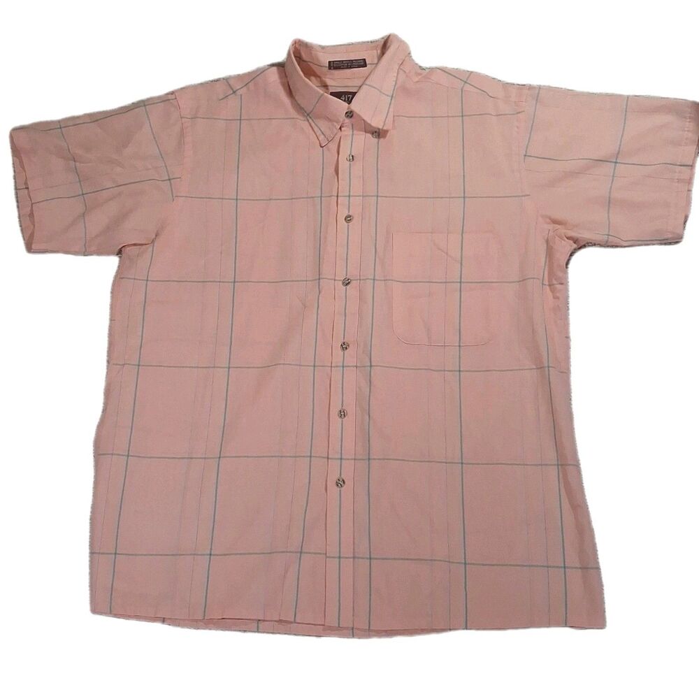 Van Heusen 417 Mens Large Orange White Plaid Short Sleeve Button Down Shirt L